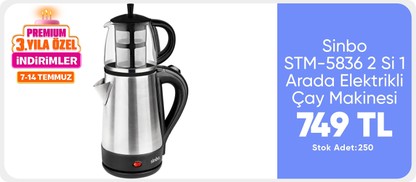 Sinbo STM-5836  2 Si 1 Arada Cam Demlik  1600W Elektrikli Çay Makinesi