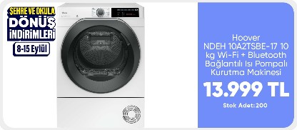 Hoover NDEH 10A2TSBE-17 10 kg Wi-Fi + Bluetooth Bağlantılı Isı Pompalı Kurutma Makinesi