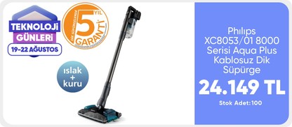 Phılıps XC8053/01 8000 Serisi Aqua Plus Kablosuz Dik Süpürge, 80 dk'ya Kadar Çalışma Süresi, PrecisionPower Başlık, Aqua Plus Başlık,