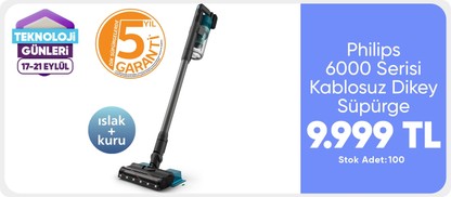 Philips 6000 Serisi Kablosuz Dikey Süpürge, PowerCyclone 11, Aqua Modül ile Kolay Mop, TriActive LED Başlık, 64 Dakika Kullanım Süresi, XC6553/01