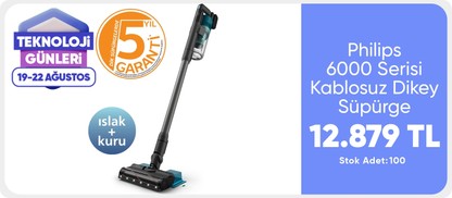 Philips 6000 Serisi Kablosuz Dikey Süpürge, PowerCyclone 11, Aqua Modül ile Kolay Mop, TriActive LED Başlık, 64 Dakika Kullanım Süresi, XC6553/01