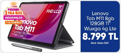 Lenovo Tab M11 8gb 128GB 11" Wuxga 4g Lte + Kılıf + Kalem ZADB0335TR