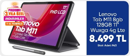 Lenovo Tab M11 8gb 128GB 11" Wuxga 4g Lte + Kılıf + Kalem ZADB0335TR