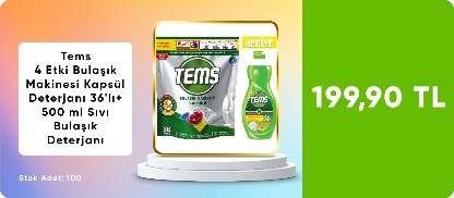 Tems 4 Etki Bulaşık Makinesi Kapsül Deterjanı 36'lı+ 500 ml Sıvı Bulaşık Deterjanı 199,90 TL