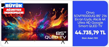 Onvo 85OVF9000UQ 85" 216 Ekran Uydu Alıcılı 4K Ultra HD Google Smart QLED TV