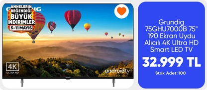Grundig 75 GHU 7000 B 75" 190 Ekran Uydu Alıcılı 4K Ultra HD Android Smart LED TV