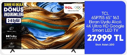 TCL 65P755 65'' 163 Ekran Uydu Alıcılı 4K Ultra HD Google Smart LED TV