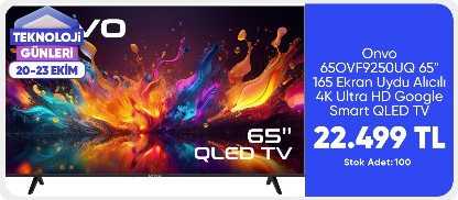 Onvo 65OVF9250UQ 65" 165 Ekran Uydu Alıcılı 4K Ultra HD Google Smart QLED TV