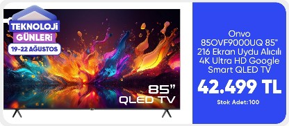 Onvo 85OVF9000UQ 85" 216 Ekran Uydu Alıcılı 4K Ultra HD Google Smart QLED TV