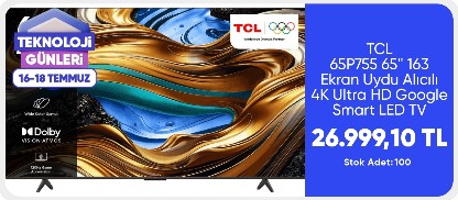 TCL 65P755 65'' 163 Ekran Uydu Alıcılı 4K Ultra HD Google Smart LED TV