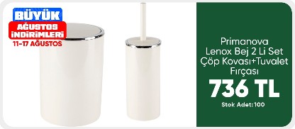 Primanova Lenox Bej 2 Li Set Çöp Kovası+Tuvalet Fırçası