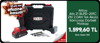 Attlas Atb 21 BLPD-201C 21V 2.0AH Tek Akülü Kömürsüz Darbeli Matkap L-Boxx Çantalı + 8 Parça Uç Seti