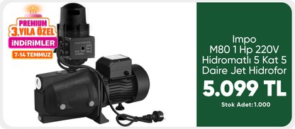 İmpo Impo M80 1 Hp 220V Hidromatlı 5 Kat 5 Daire Jet Hidrofor