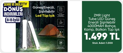 ZMR Light Tube LED Güneş Enerjili Şişirilebilir 4000MAH Bahçe, Kamp, Balkon Tüp Işık 1499 TL