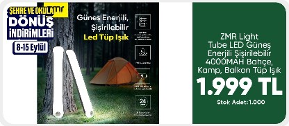 ZMR Light Tube LED Güneş Enerjili Şişirilebilir 4000MAH Bahçe, Kamp, Balkon Tüp Işık 1499 TL