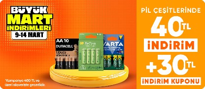 Pil çeşitlerinde 40 TL indirim +30 TL indirim kuponu*