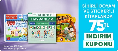 Sihirli boyama ve sticker'lı kitaplarda  250 TL ve üzerine 75 TL indirim kuponu