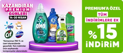 Omo,Yumoş,Cif,Domestos,Rinso Ürünlerinde Premium'a Özel Tüm İndirimlere Ek %20 İndirim