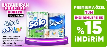 Selpak,Solo,Uni Baby Ürünlerinde Premium'a Özel Tüm İndirimlere Ek %20 İndirim