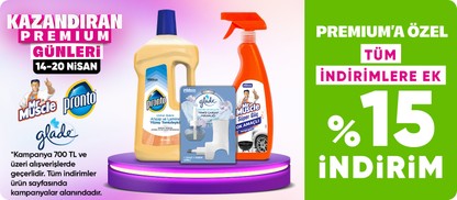 Mr Muscle,Glade,Pronto Ürünlerinde Premium'a Özel Tüm İndirimlere Ek %15 İndirim
