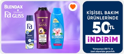 Gliss,Blendax,Fa Ürünlerinde 250 TL'ye 50 TL İndirim