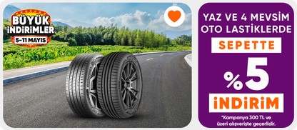 Yaz ve 4 Mevsim Oto Lastiklerde 300 TL Üzeri Sepette %5 indirim