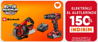 Einhell Markalı Elektrikli El Aletleri Ürünlerinde 10000 e 150 TL İndirim