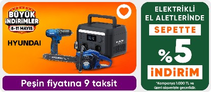 Hyundai Markalı Elektrikli El Aletleri  Ürünlerinde 1000 TL ve Üzerine Sepette %5 İndirim