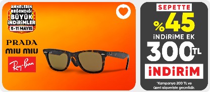 Rayban, Prada ve Miu Miu gözlükler sepette %45 net indirime ek 300 TL indirim