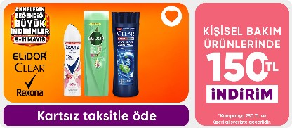 Elidor,Clear,Rexona Ürünlerinde 750 TLye 150 TL İndirim