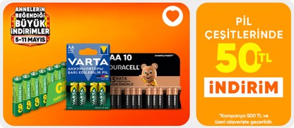 Pil çeşitlerinde  50 TL indirim