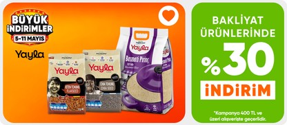 Yayla Bakliyat ürünlerinde 400 TL üzerine %30 i̇ndirim