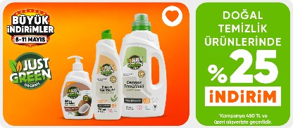Just Green Organic Doğal Temizlik Ürünlerinde 450 TL ve Üzeri %25 İndirim