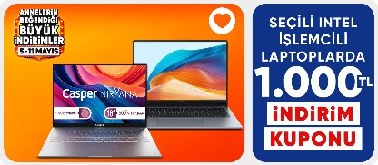 Seçili Intel İşlemcili Laptoplarda 1.000TL Kupon Fırsatı