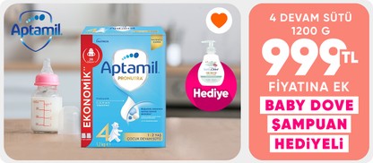 Aptamil 4 Devam Sütü 1200 gr 1 Yaş+ 999 TL üstelik Baby Dove Kokusuz Saç ve Vücut Şampuanı 200 ml hediye