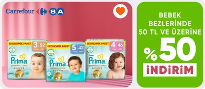 CarrefourSA Satıcılı Prima Bebek Bezlerinde 50 TL ve Üzerine %50 İndirim