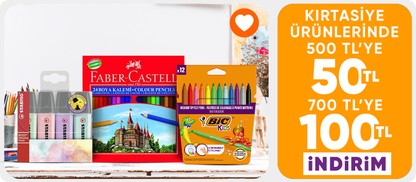 Kırtasiye ürünlerinde  500 TL'ye 50 TL  700 TL'ye 100 TL indirim