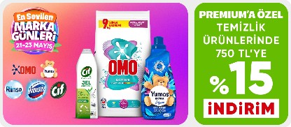 Omo, Yumoş, Cif, Domestos, Rinso Ürünlerinde Premiuma özel 750 TL %15 İndirim