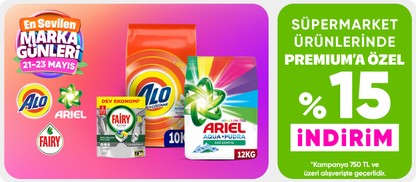 Ariel,Fairy,Prima Ürünlerinde Premiuma özel 750 TL %15 İndirim
