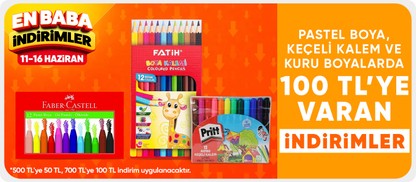 Pastel Boya,Keçeli Kalem ve Kuru Boyalarda 500 TL'ye 50 TL / 700 TL'ye 100 TL İndirim