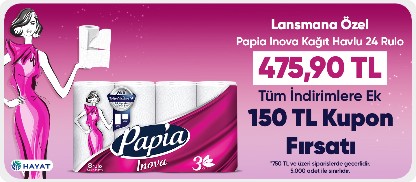 Inova 24 Rulo Kağıt Havlu 475,90 TL fiyatına ek 150 TL anında indirimli