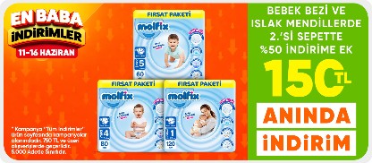 Bebek bezi ve ıslak mendillerde 2.’si sepette %50 indirime ek  150 TL anında indirim