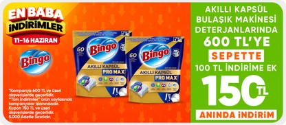 Akıllı kapsül bulaşık makinesi deterjanlarında  600 TL'ye sepette 100 TL indirime ek 150 TL anında indirim