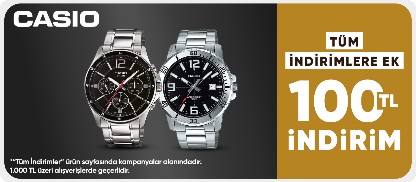 Casio Kol Saatlerinde Tüm İndirimlere Ek 1000 TL ve Üzeri 100 TL İndirim