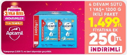 Aptamil 4 Devam Sütü 1200 Gr 1 Yaş+ Mega Size İkili Paket 1499,90 TL Üstelik 2500 TL Üzerine 250 TL İndirim"