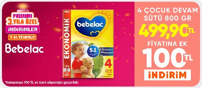 Bebelac 4 Çocuk Devam Sütü 800 Gr 419,90 TL Üstelik 100 TL üzerine 100 TL İndirim