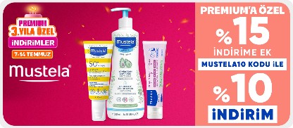 Mustela Markalı Bebek Kozmetik Ürünlerinde %15 İndirime ek MUSTELA10 Kodu ile %10 İndirim  - Premium'a Özel