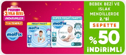 Bebek bezi ve ıslak mendillerde  2.’si sepette %50 indirimli