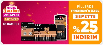 Duracell Pillerde Premium'a Özel sepette %25 indirim
