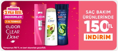 Elidor,Clear, Dove Saç Bakım 750TL'ye 150 TL indirim
